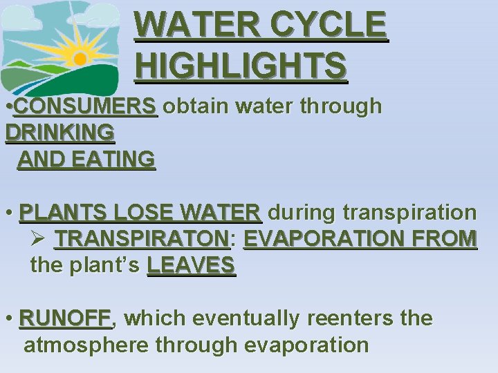 WATER CYCLE HIGHLIGHTS • CONSUMERS obtain water through DRINKING AND EATING • PLANTS LOSE