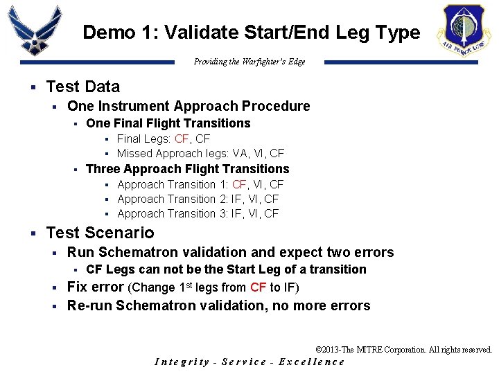 Demo 1: Validate Start/End Leg Type Providing the Warfighter’s Edge § Test Data §