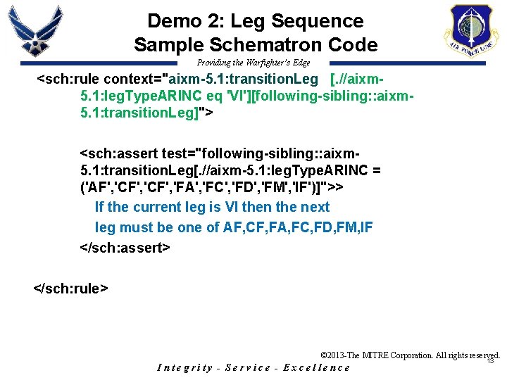 Demo 2: Leg Sequence Sample Schematron Code Providing the Warfighter’s Edge <sch: rule context="aixm-5.