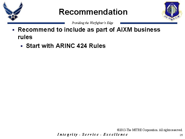 Recommendation Providing the Warfighter’s Edge § Recommend to include as part of AIXM business
