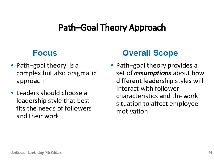 Path–Goal Theory Approach Focus • Path–goal theory is a complex but also pragmatic approach