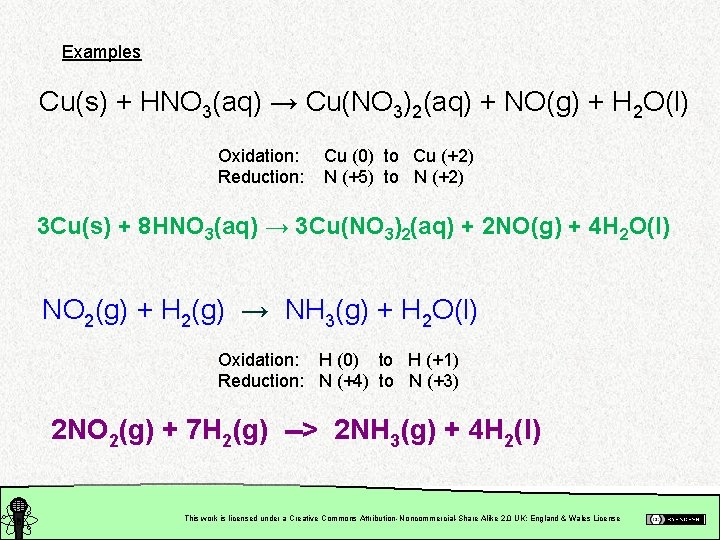 Examples Cu(s) + HNO 3(aq) → Cu(NO 3)2(aq) + NO(g) + H 2 O(l)