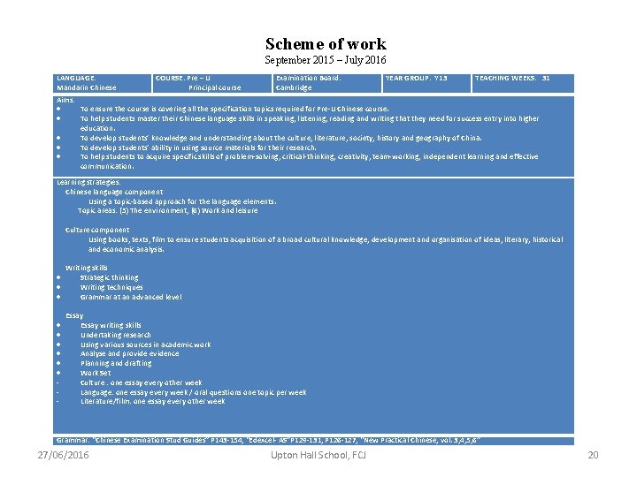 Scheme of work September 2015 – July 2016 LANGUAGE: Mandarin Chinese Aims: COURSE: Pre Scheme of work September 2015 – July 2016 LANGUAGE: Mandarin Chinese Aims: COURSE: Pre