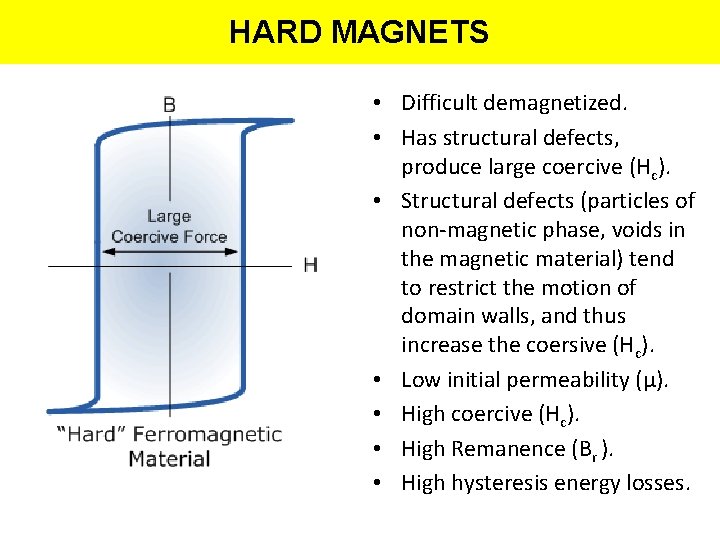 HARD MAGNETS • Difficult demagnetized. • Has structural defects, produce large coercive (Hc). •