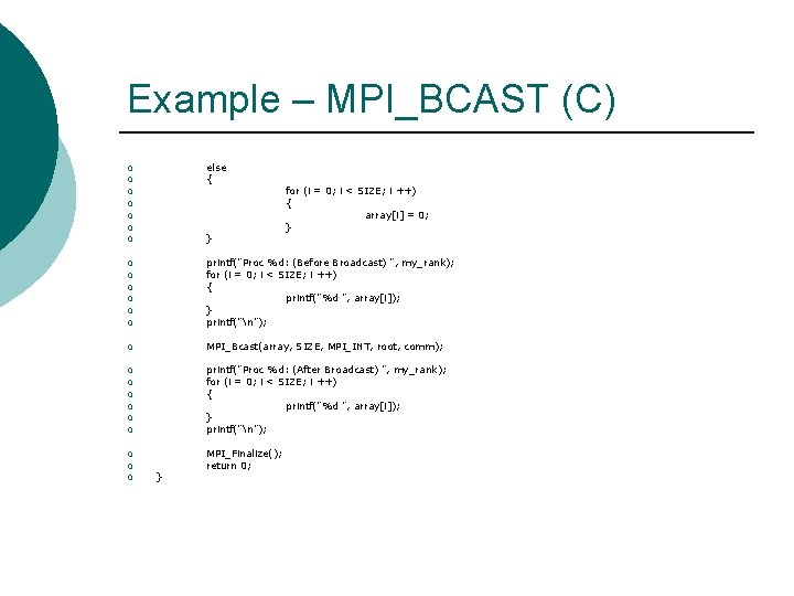 Example – MPI_BCAST (C) else { ¡ ¡ ¡ for (i = 0; i