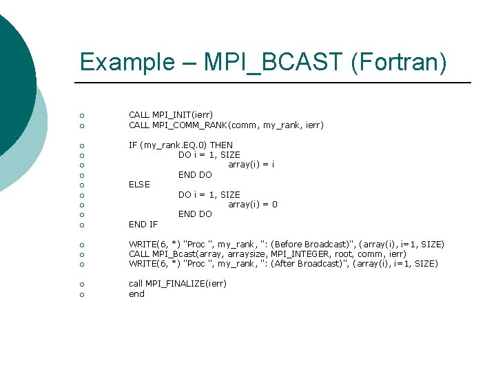 Example – MPI_BCAST (Fortran) ¡ ¡ ¡ ¡ CALL MPI_INIT(ierr) CALL MPI_COMM_RANK(comm, my_rank, ierr)