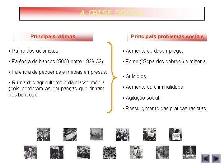 A CRISE SOCIAL Principais vítimas Principais problemas sociais ▪ Ruína dos acionistas. ▪ Aumento