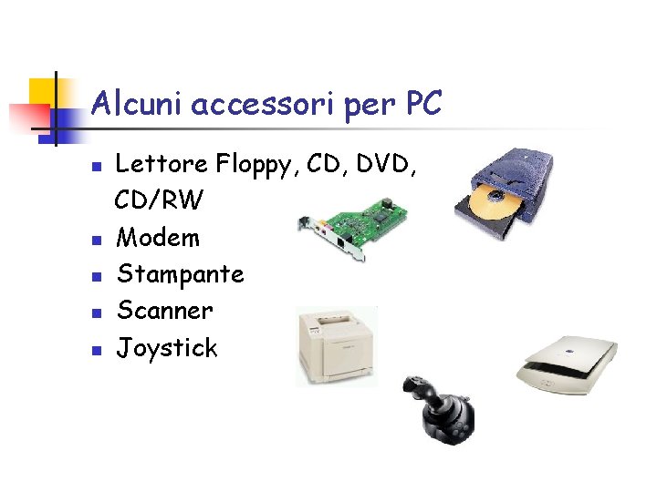 Alcuni accessori per PC n n n Lettore Floppy, CD, DVD, CD/RW Modem Stampante