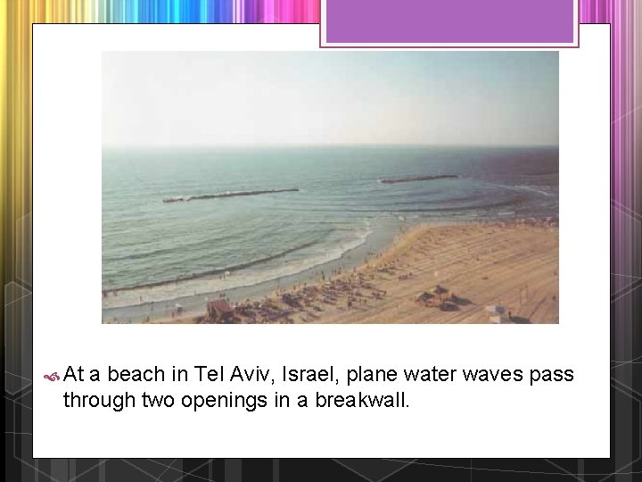  At a beach in Tel Aviv, Israel, plane water waves pass through two