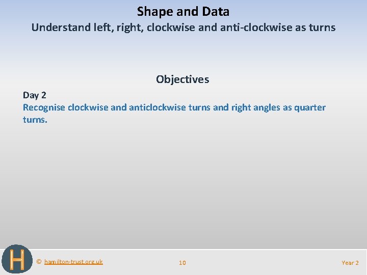 Shape and Data Understand left, right, clockwise and anti-clockwise as turns Objectives Day 2 Shape and Data Understand left, right, clockwise and anti-clockwise as turns Objectives Day 2
