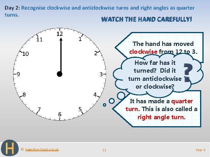 Day 2: Recognise clockwise and anticlockwise turns and right angles as quarter turns. WATCH