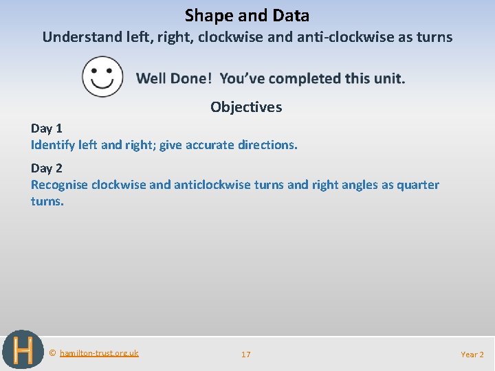 Shape and Data Understand left, right, clockwise and anti-clockwise as turns Objectives Day 1 Shape and Data Understand left, right, clockwise and anti-clockwise as turns Objectives Day 1