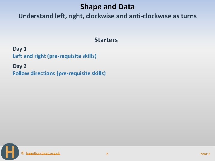 Shape and Data Understand left, right, clockwise and anti-clockwise as turns Starters Day 1 Shape and Data Understand left, right, clockwise and anti-clockwise as turns Starters Day 1