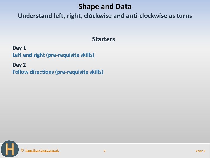 Shape and Data Understand left, right, clockwise and anti-clockwise as turns Starters Day 1