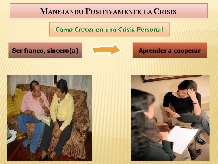 MANEJANDO POSITIVAMENTE LA CRISIS Cómo Crecer en una Crisis Personal Ser franco, sincero(a) Aprender