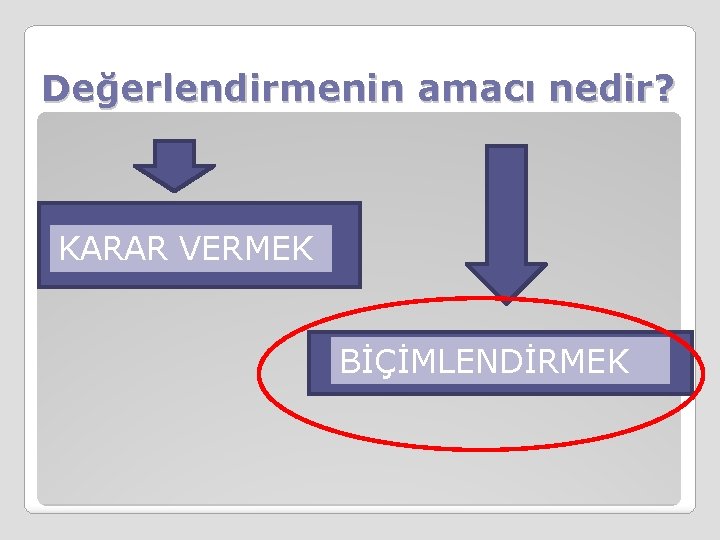 Değerlendirmenin amacı nedir? K KARAR VERMEK BİÇİMLENDİRMEK 