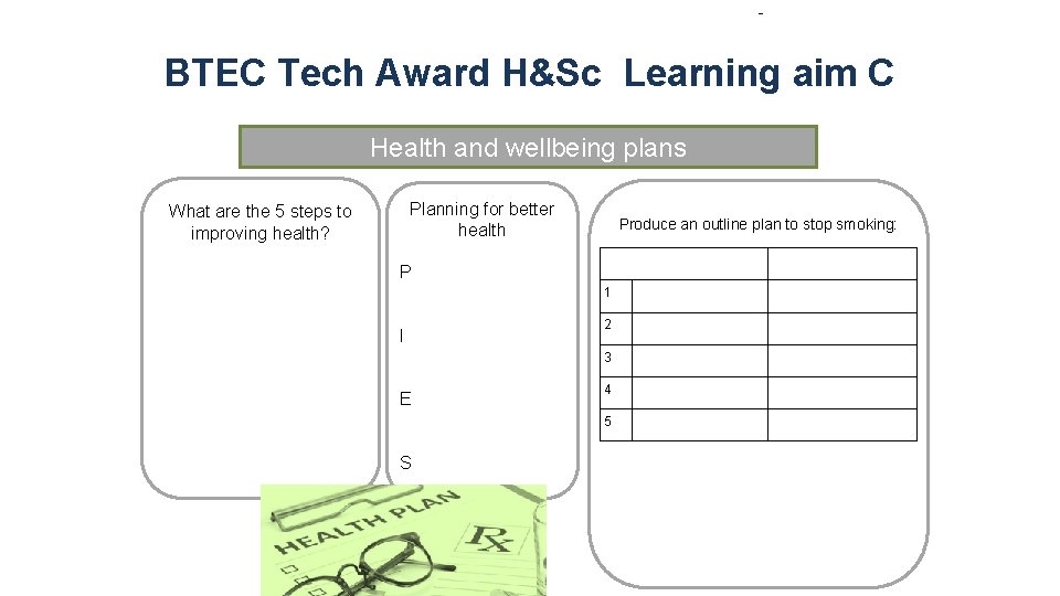 - BTEC Tech Award H&Sc Learning aim C Health and wellbeing plans Planning for