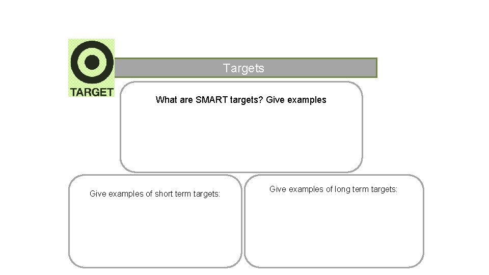 Targets What are SMART targets? Give examples of short term targets: Give examples of