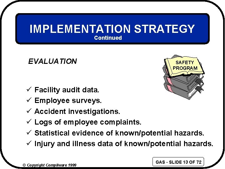 IMPLEMENTATION STRATEGY Continued EVALUATION ü ü ü SAFETY PROGRAM Facility audit data. Employee surveys.