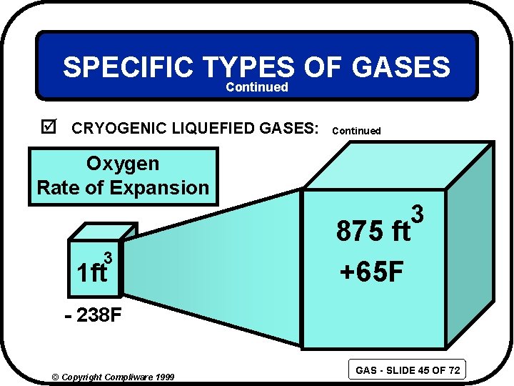 SPECIFIC TYPES OF GASES Continued þ CRYOGENIC LIQUEFIED GASES: Continued Oxygen Rate of Expansion