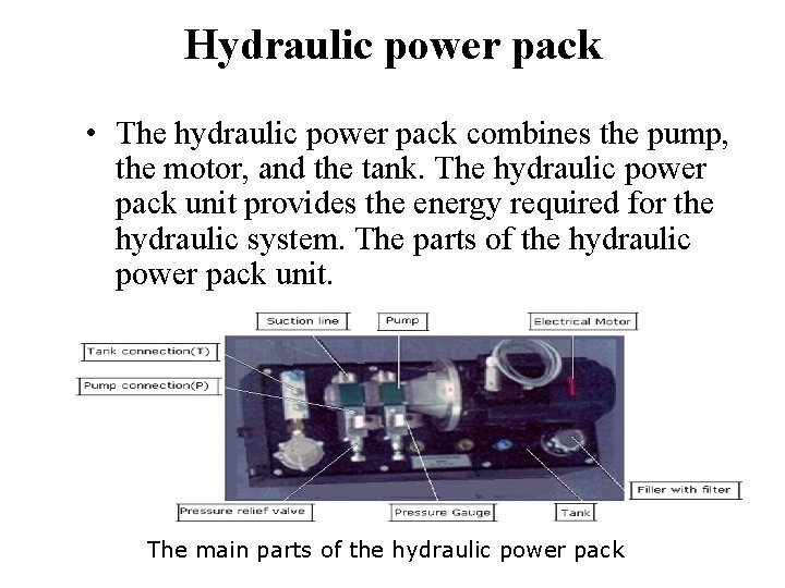 Hydraulic power pack • The hydraulic power pack combines the pump, the motor, and