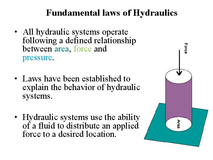 Fundamental laws of Hydraulics • All hydraulic systems operate following a defined relationship between