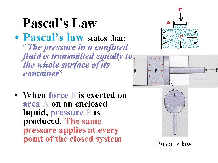 Pascal’s Law • Pascal’s law states that: “The pressure in a confined fluid is
