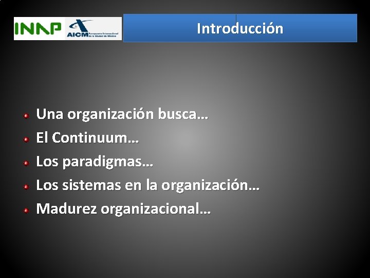 Introducción Una organización busca… El Continuum… Los paradigmas… Los sistemas en la organización… Madurez