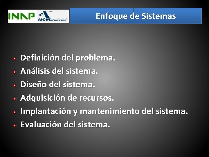 Enfoque de Sistemas Definición del problema. Análisis del sistema. Diseño del sistema. Adquisición de