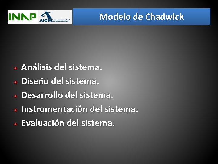 Modelo de Chadwick Análisis del sistema. Diseño del sistema. Desarrollo del sistema. Instrumentación del