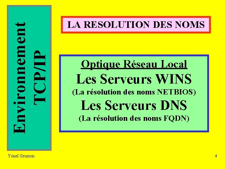 Environnement TCP/IP Yonel Grusson LA RESOLUTION DES NOMS Optique Réseau Local Les Serveurs WINS