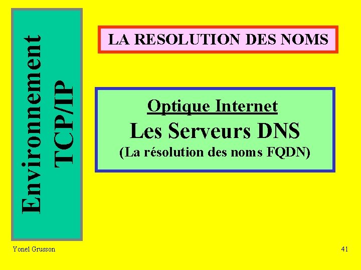 Environnement TCP/IP Yonel Grusson LA RESOLUTION DES NOMS Optique Internet Les Serveurs DNS (La