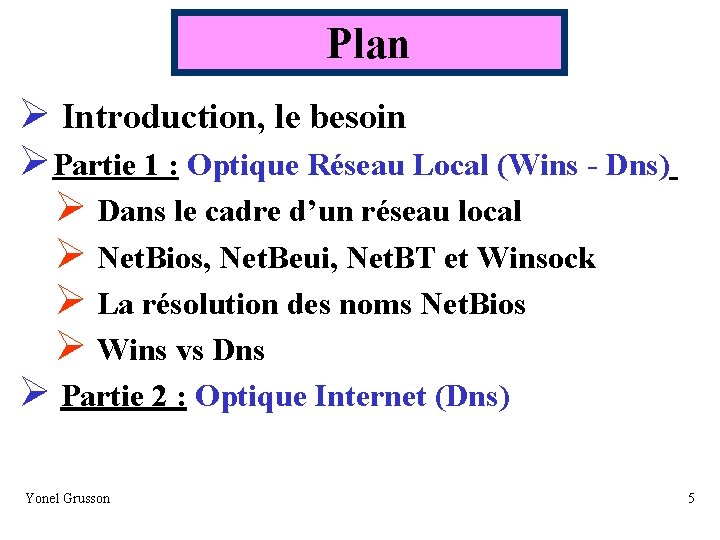 Plan Ø Introduction, le besoin ØPartie 1 : Optique Réseau Local (Wins - Dns)