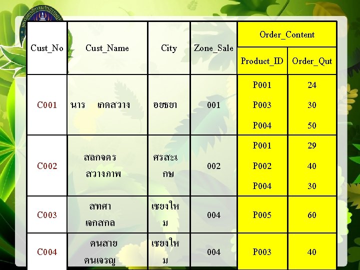 Cust_No Cust_Name C 001 นาร เกดสวาง C 002 C 003 C 004 City Zone_Sale