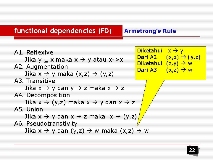 functional dependencies (FD) Armstrong’s Rule Diketahui A 1. Reflexive Dari A 2 Jika y