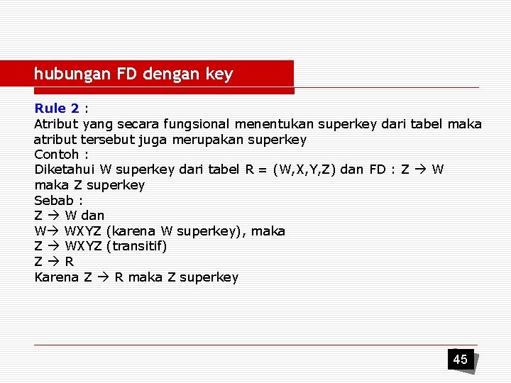 hubungan FD dengan key Rule 2 : Atribut yang secara fungsional menentukan superkey dari