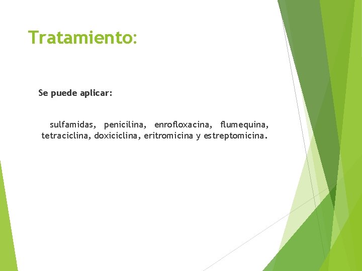 Tratamiento: Se puede aplicar: sulfamidas, penicilina, enrofloxacina, flumequina, tetraciclina, doxiciclina, eritromicina y estreptomicina. 