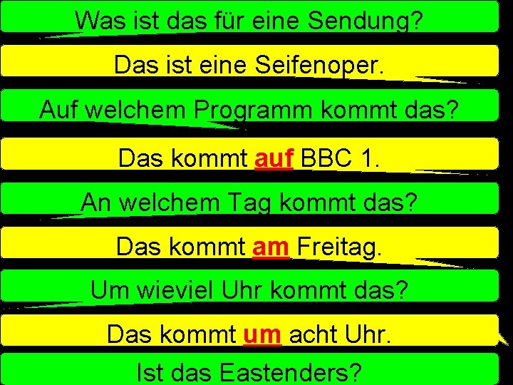 Was ist das für eine Sendung? Das ist eine Seifenoper. Auf welchem Programm kommt