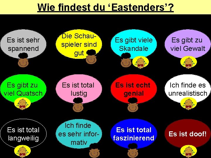 Wie findest du ‘Eastenders’? Es ist sehr spannend Die Schauspieler sind gut Es gibt