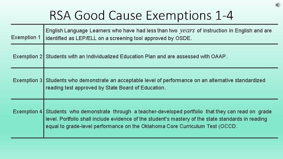 RSA Good Cause Exemptions 1 -4 English Language Learners who have had less than