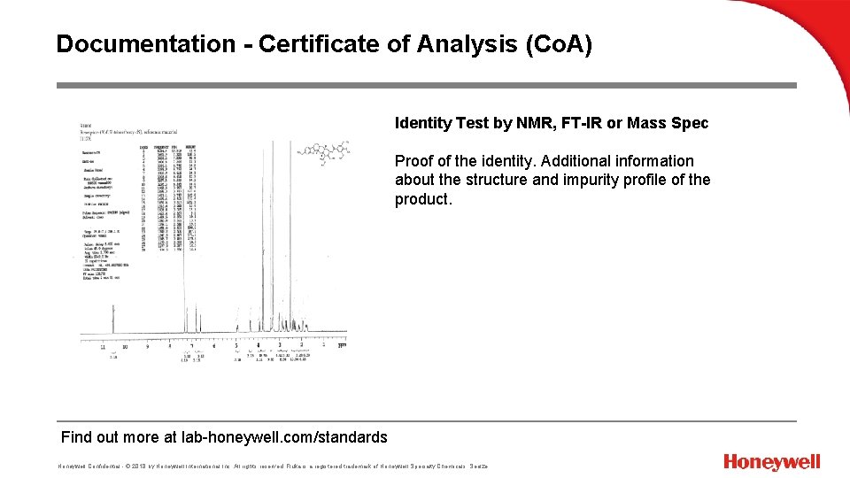 Documentation - Certificate of Analysis (Co. A) Identity Test by NMR, FT-IR or Mass