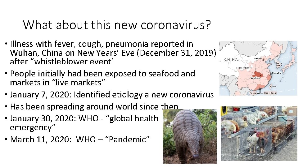 What about this new coronavirus? • Illness with fever, cough, pneumonia reported in Wuhan,