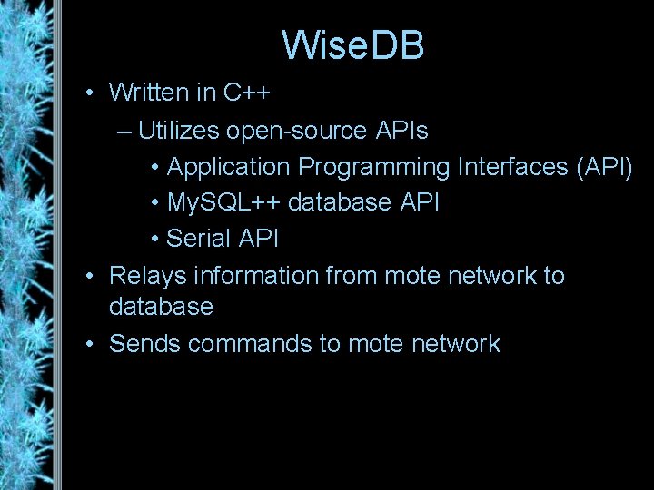 Wise. DB • Written in C++ – Utilizes open-source APIs • Application Programming Interfaces