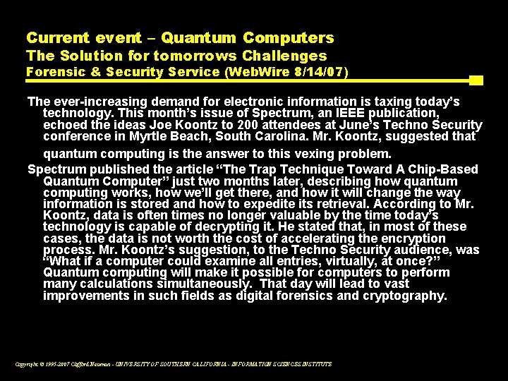 Current event – Quantum Computers The Solution for tomorrows Challenges Forensic & Security Service