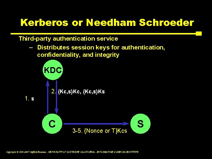 Kerberos or Needham Schroeder Third-party authentication service – Distributes session keys for authentication, confidentiality,