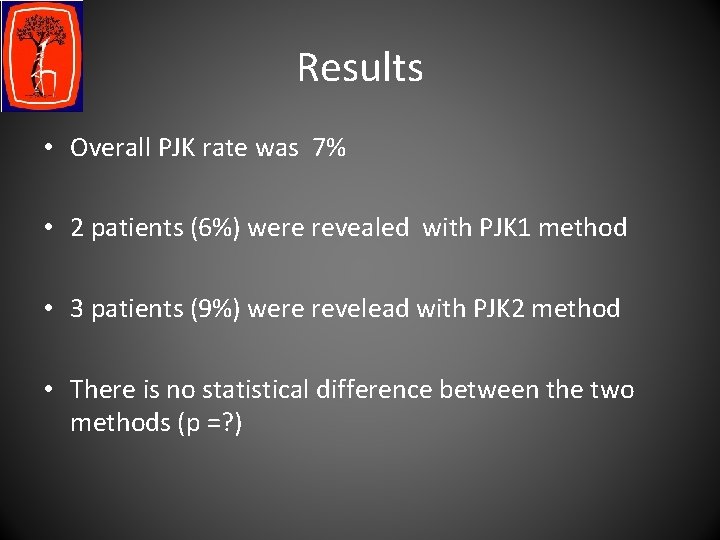 Results • Overall PJK rate was 7% • 2 patients (6%) were revealed with