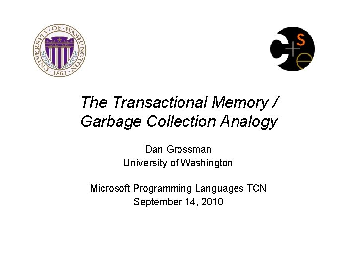 The Transactional Memory / Garbage Collection Analogy Dan Grossman University of Washington Microsoft Programming