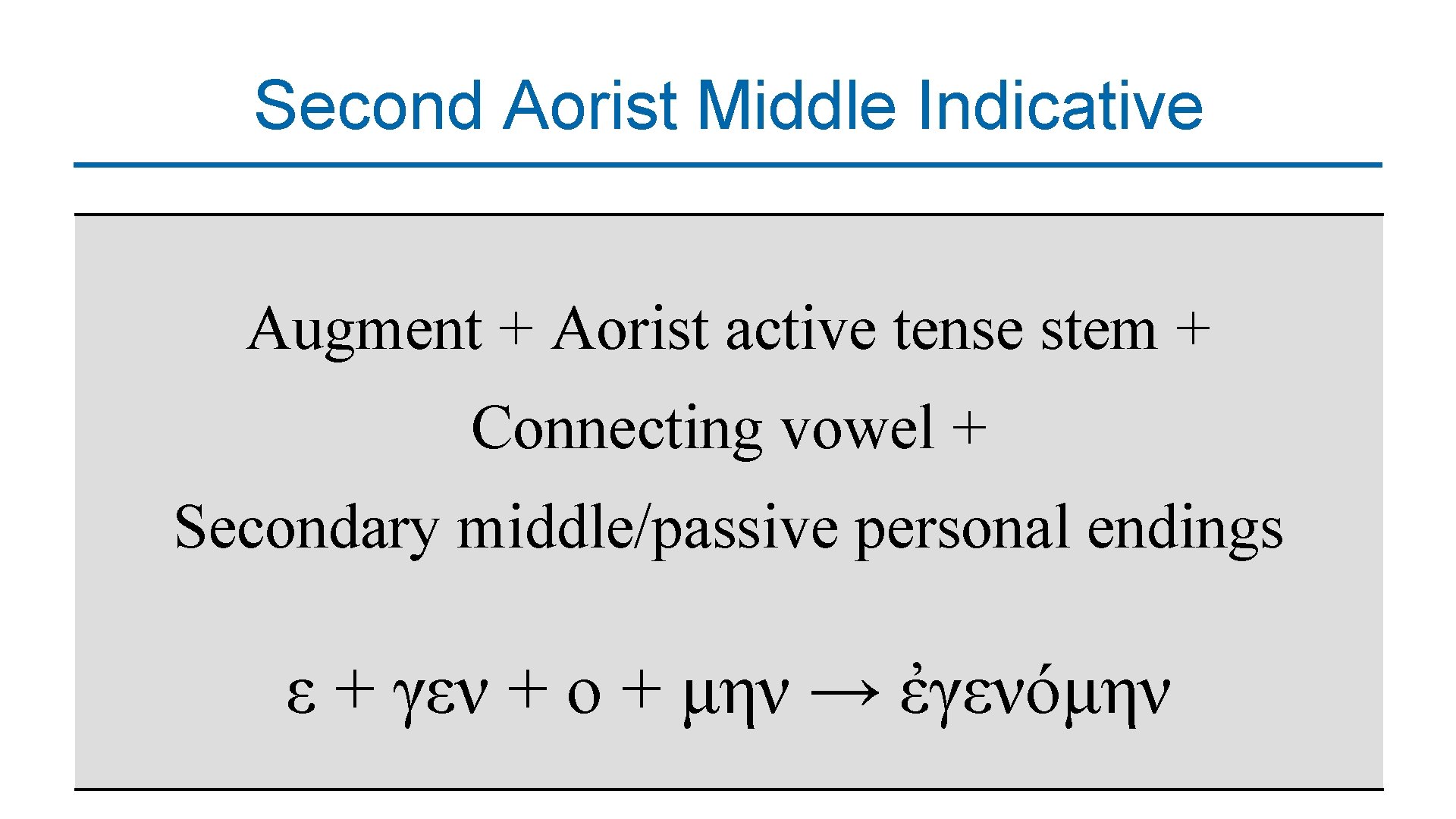 Second Aorist Middle Indicative Augment + Aorist active tense stem + Connecting vowel +