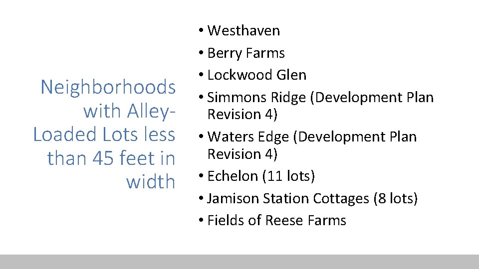 Neighborhoods with Alley. Loaded Lots less than 45 feet in width • Westhaven •