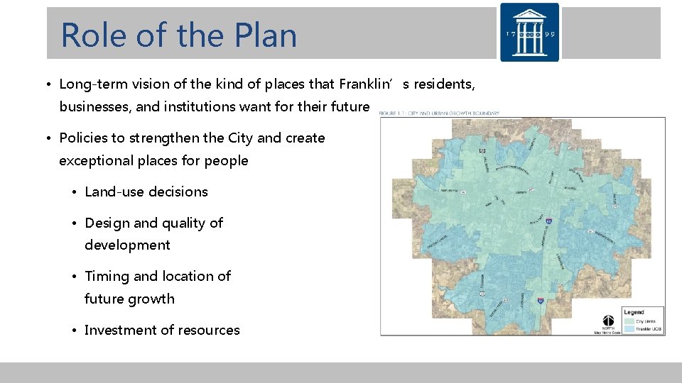 Role of the Plan • Long-term vision of the kind of places that Franklin’s